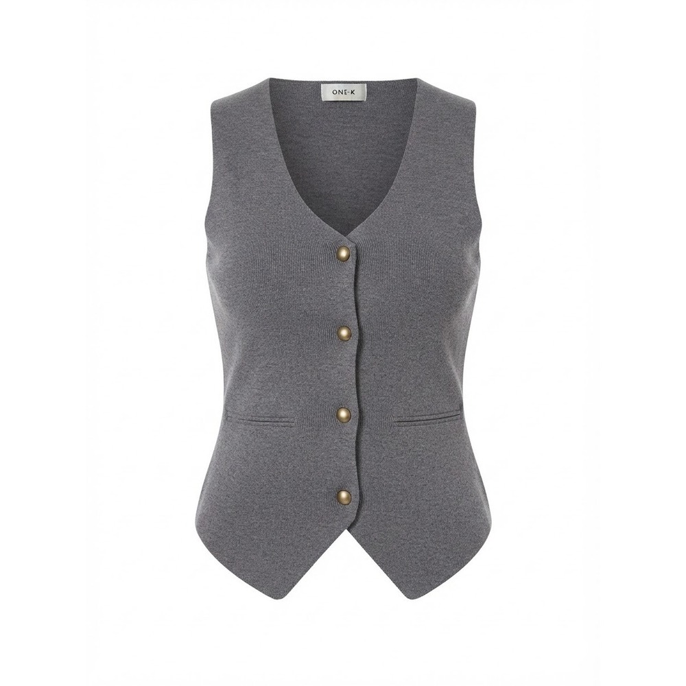 Knit Sweater Vest Women No Size Gray Button Up Ribbed Stretch V-Neck Good